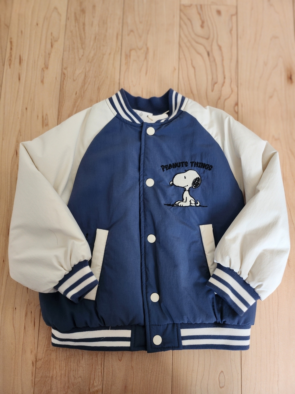 Zara Navy & Cream Peanuts Snoopy Insulated Varsity Jacket, Size 4